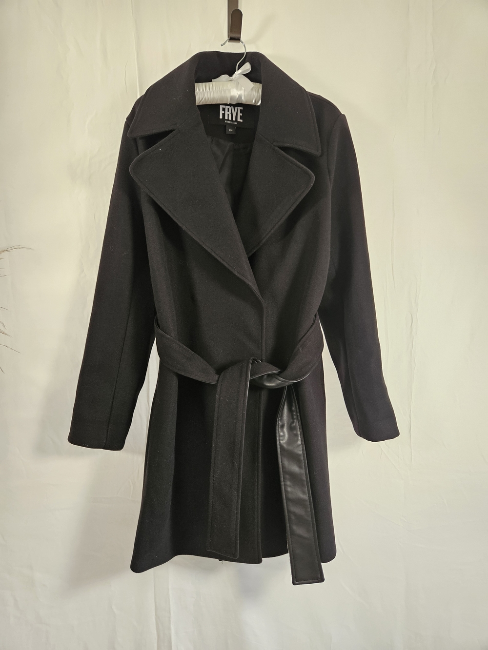 NWOT FRYE Women's Black Wrap Trench Coat S Small Faux Leather Trim Belted Jacket